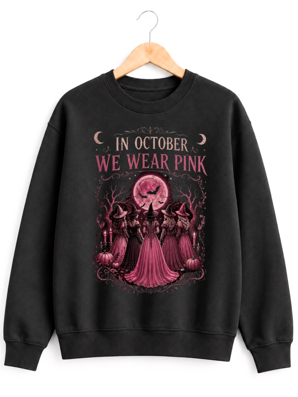 Black Crewneck Sweatshirt with Pink Halloween Witch Graphic